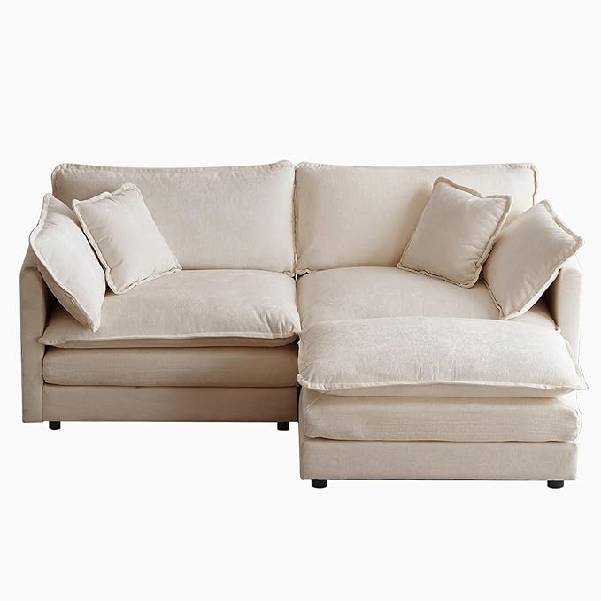 76.7” Modular Sectional Sofa L-Shaped Convertible Couches 2 Seater Chenille Deep Seat Cloud Couch with Pillows and 1 Ottoman for Living Room Apartment Office(Khaki)