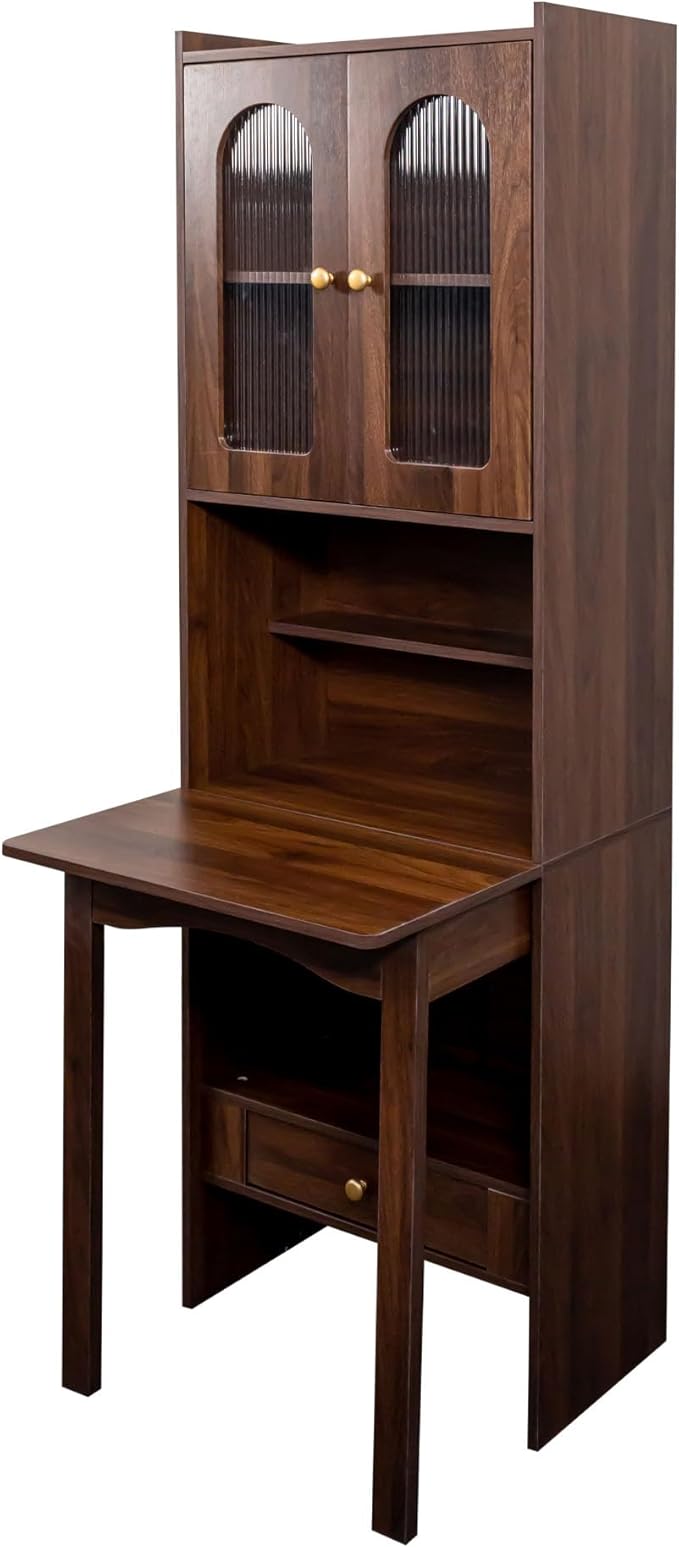 Convertible Fold Down Desk with Bookshelf &amp Drawer Multifunctional Murphy Desks with Storage Hideaway Fold Out Desk Cabinet for Small Spaces (Walnut)