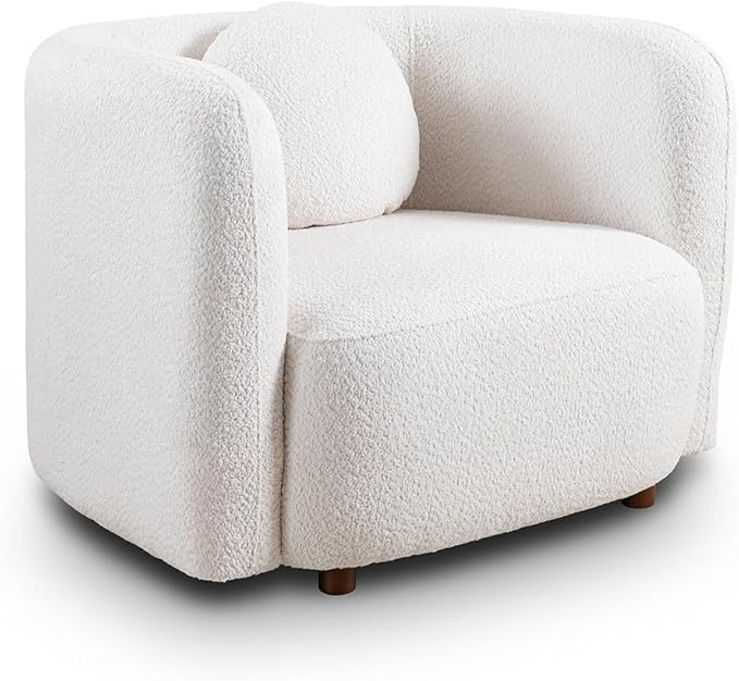 39 W Barrel Chairs Set of 2 Mid-Century Modern Boucle Accent Chairs with Armrests and Pillow Upholstered Barrel Sofa Chair Set for Living Room Bedroom Apartment No Assembly White