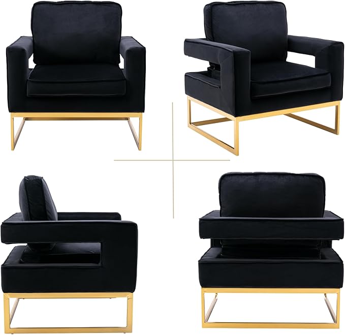 HEAH-YO Modern Accent Chair Set of 1 Upholstered Velvet Living Room Chair with Armrests Comfy Small Side Arm Chair with Gold Metal Legs for Bedroom Black