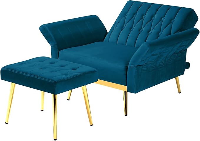 Velvet Accent Chair with Adjustable Backrest and Armrests Single Recliner Armchair with Ottoman and Golden Mental Legs for Living Room Bedroom and Waiting Room Teal