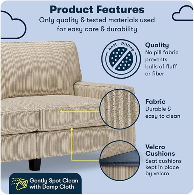 Pemberly Row Modern 73 Track Arm Sofa Beige Upholstered Removable Covers Compact Space-Saving Design Solid Wood Frame High-Density Foam Cushions Living Room or Home Office Furniture