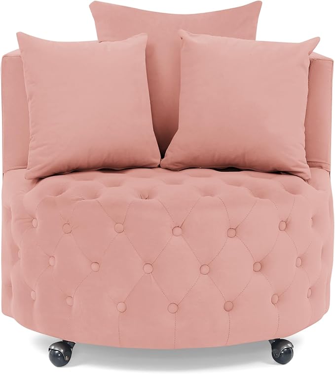 Velvet Swivel Barrel ChairModern Upholstered Accent Chair with WheelsLarge Single Sofa Chair for Living Room Club Bedroom Home Office (Pink+Velvet)