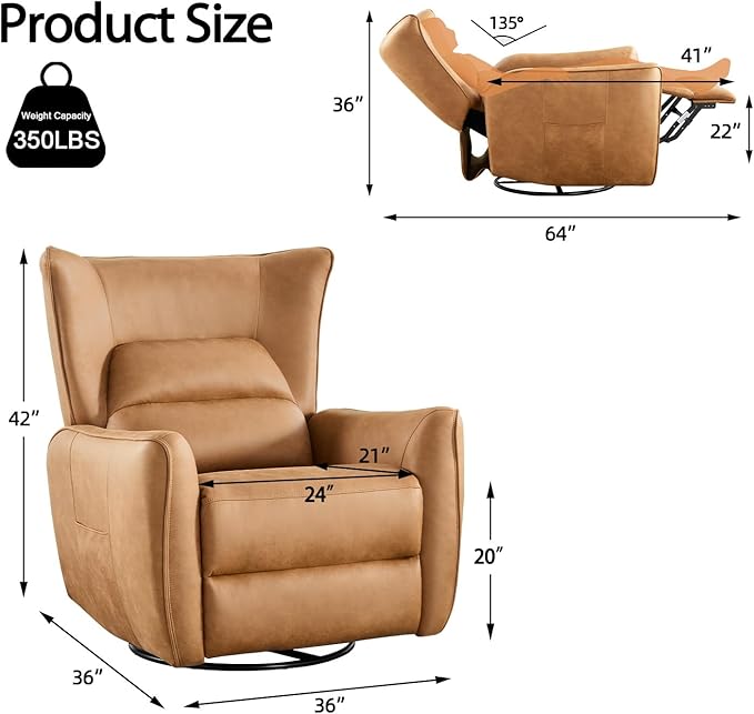 INZOY Power Swivel Rocker Recliner Glider Oversize Electric Swivel Rocker Recliners with Highly Enveloping Backrest Nursery Rocking Recliner Chair Fabric Reclining Sofa for Living Room Brown