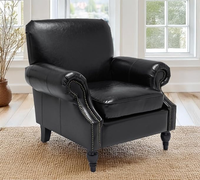 Accent Chair22.4 Seat Depth Armchair with Roll Arms36.6W*34.3D*34.6H Living Room ChairWood LegsSet of 1Faux Leather in Black