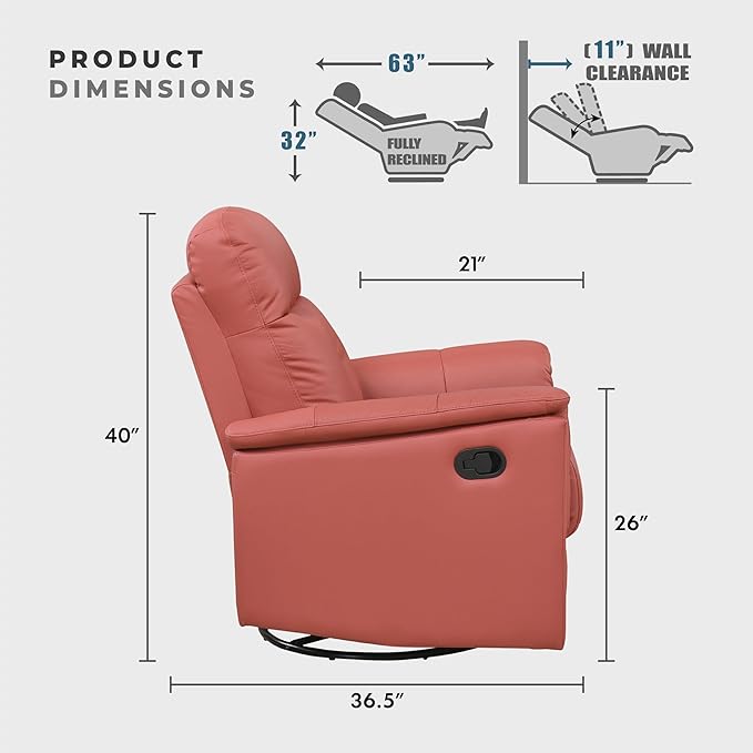 Lexicon Swivel Glider Recliner Chair Comfy Nursery Glider Top Grain Leather Match Recliner Manual Reclining Chair for Living Room/Office/Apartment Red