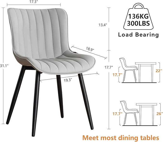 YOUNUOKE Mid-Century Modern Dining Chairs Set of 2 Grey PU Leather Upholstered Kitchen Chairs with Black Metal Legs Armless Accent Chair for Dining Room Guest Reception Room