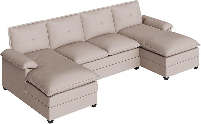 110 Sectional Couches for Living Room4 Seat U Shape Modular Couch with Thick Cushion &amp Soft BackrestUpholstered Sofa Couch with Double ChaiseBeige