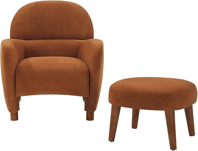 Lazy Chair with Ottoman Modern Boucle Accent Lounge Chair with Footrest Upholstered Leisure Sofa Reading Armchair with Wood Legs for Living Room Bedroom Dorm Garden-Orange