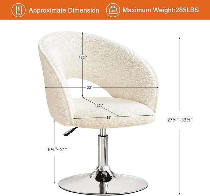 Furniliving White Makeup Vanity Chair Height Adjustable Swivel Chairs with Sherpa Accent for Living Room &amp Lounge