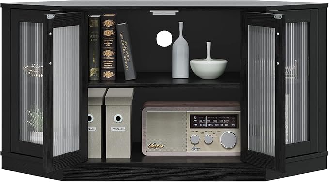 Panana Corner TV Stand - 47 Inch Media Console with 4 Doors and Shelves Living Room Storage Entertainment Center for TVs up to 51 Inch (Black)