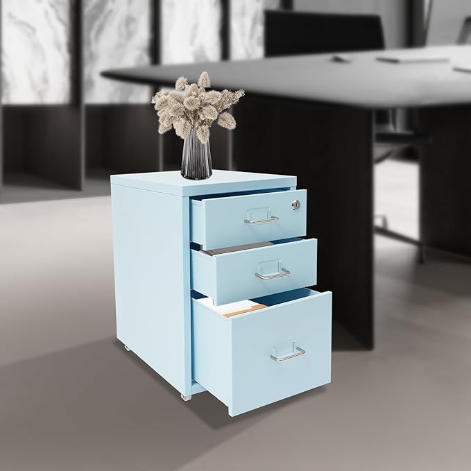3 Drawer File Cabinet with Lock Metal Vertical Mobile File Cabinet Blue Rolling Under Desk Filing Cabinet for Home Office