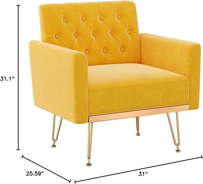 KEIKI Small Velvet Accent Chair 31 Inch Modern Tufted Upholstered Armchair with Metal Leg Comfortable Single Sofa Side Reading Chairs Comfy Arm Chair for Bedroom Living Room Easy Assembly Yellow