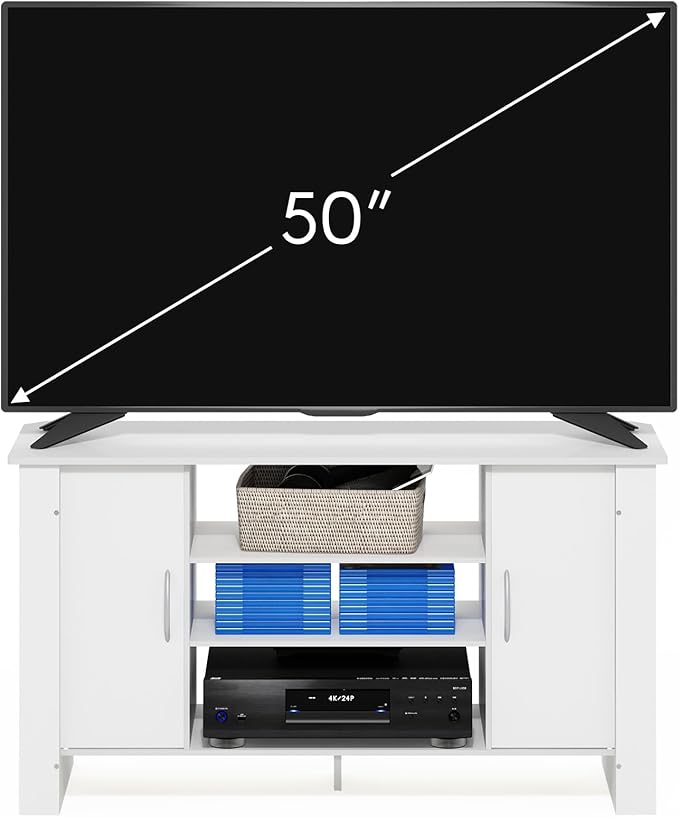 Furinno ECON TV Stand 4-Tier Entertainment Center with Adjustable Shelf Open Back TV Console with Door Storage for TV up to 46 Inch for Living Room Bedroom White