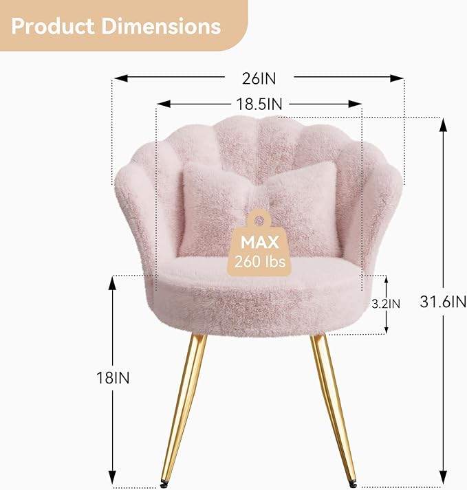 Plush Sherpa Accent Chair with Gold Metal Legs Fluffy Vanity Chair for Makeup Room Upholstered Guest Chair for Living Room for Bedroom Pink