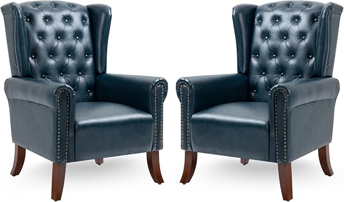 MOJAY Modern PU Leather Accent Chairs Set of 2 Mid-Century Living Room Chairs Upholstered Club Arm Chair Single Sofa Chair with Solid Wooden Legs for Bedroom Study Home Office Reception (DarkBlue)