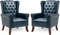 MOJAY Modern PU Leather Accent Chairs Set of 2 Mid-Century Living Room Chairs Upholstered Club Arm Chair Single Sofa Chair with Solid Wooden Legs for Bedroom Study Home Office Reception (DarkBlue)