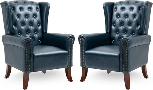 MOJAY Modern PU Leather Accent Chairs Set of 2 Mid-Century Living Room Chairs Upholstered Club Arm Chair Single Sofa Chair with Solid Wooden Legs for Bedroom Study Home Office Reception (DarkBlue)