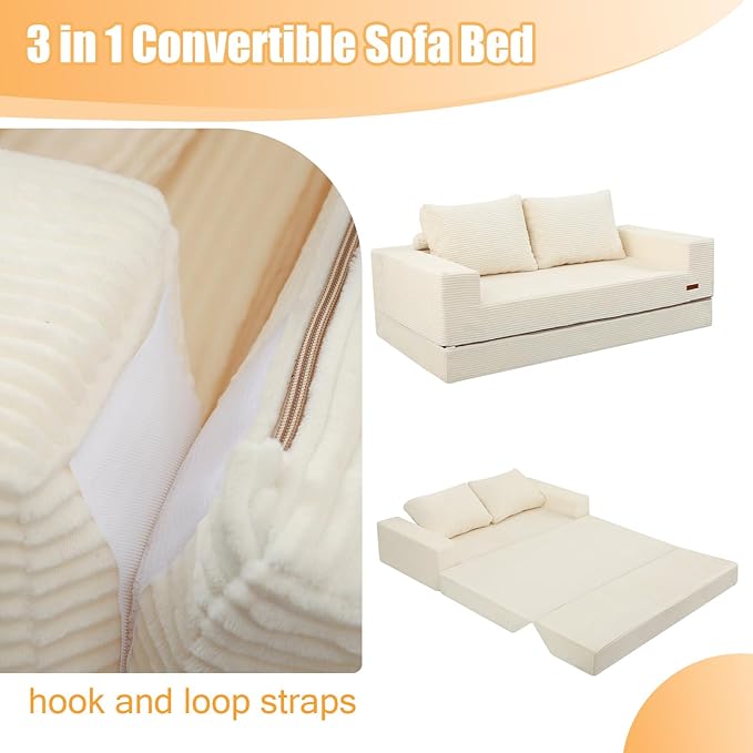 COMAX Convertible Sofa Bed Queen Folding Floor Couch Corduroy Boneless Sofa Pull Out Couch Bed Futon Sleeper with Pillows Fold Out Comfy Lounge Mattress Loveseat for Living Room Bedroom Beige