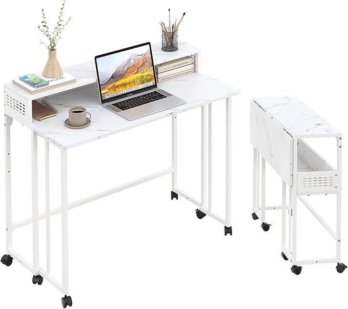 Gezen Folding Desk With Storage Shelf Small Rolling With Wheels Mobile Couch Sofa Side Table Bed for Home Office Small Space White Marble 39.4