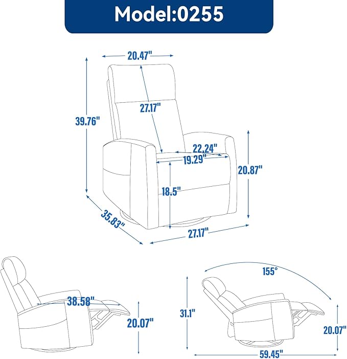 Heat Massage Manual Recliner Chair with Rocker and Swivel in Fabric for Living Room Blue