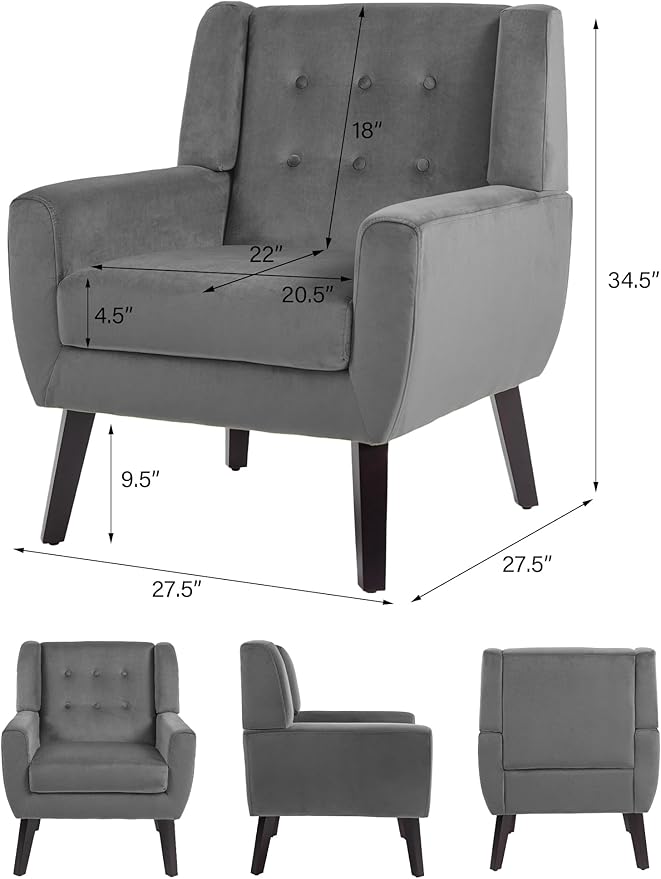 Accent Chair Mid-Century Modern Velvet Fabric Chairs with Arms for Living Room Comfy Upholstered Club Single Sofa Armchair for Bedroom Waiting Room with Solid Wood Frame (Velvet Grey Set of 1)