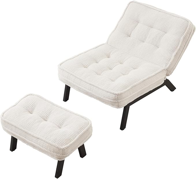 ANJ 3-Position Adjustable Accent Floor Chair with Ottoman Ergonomic Stable Lounge Chairs for Adults Thick Cushioned Comfy Reading Chair with Footrest for Living Room Bedroom White