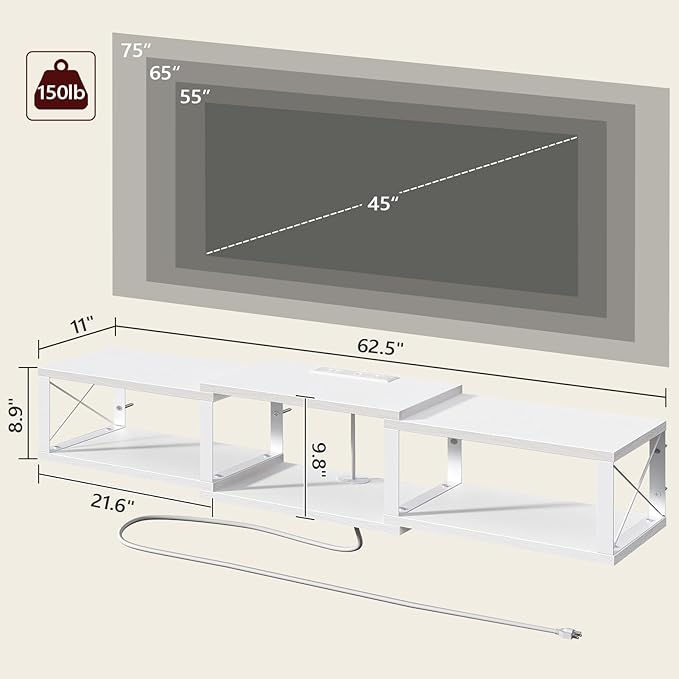 62.5 Floating TV Stand with Power Outlet Wall-Mounted Entertainment Center for 75 inch TVs Floating Media Console Shelf for Under TV Storage for Living Room Bedroom White TVWT102E01