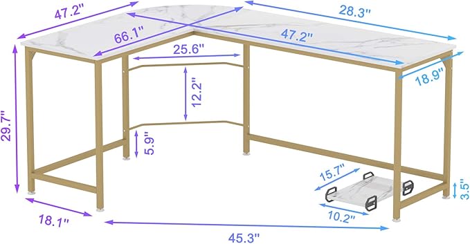 Teraves Reversible L Shaped Desk White - 66.1 Corner Gaming Computer Desk Office Workstation Modern Home Study Writing Table Marble Gold