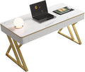 Modern Office Computer Desk with Tempered Glass Top &amp Marble Pattern White Wooden Gaming Desk with Drawers Thick Lacquered Writing Desk for Home Office Bedroom and Living Room (Z-104)