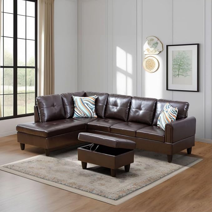 Brown L-Shaped 3-Piece Faux Leather Sofa with Storage Ottoman Set Sectional Couch Sofa Set for Living Room Office Small Space