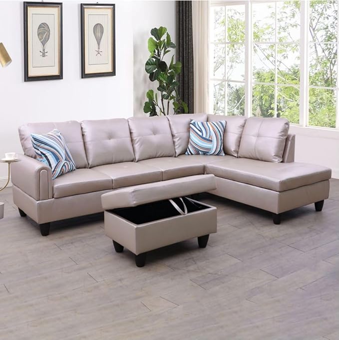Latte L-Shaped 3-Piece Faux Leather Sofa with Storage Ottoman Set Sectional Couch Sofa Set for Living Room Office Small Space