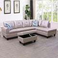 Latte L-Shaped 3-Piece Faux Leather Sofa with Storage Ottoman Set Sectional Couch Sofa Set for Living Room Office Small Space