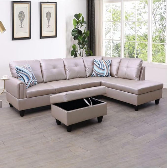 Latte L-Shaped 3-Piece Faux Leather Sofa with Storage Ottoman Set Sectional Couch Sofa Set for Living Room Office Small Space