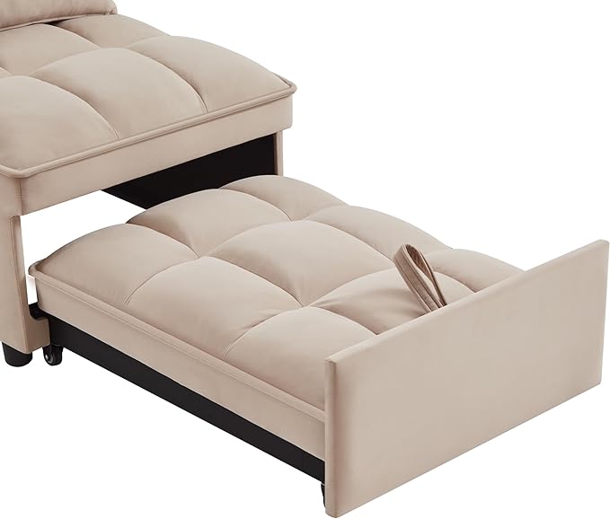 Multi-Function Convertible Single Sleeper Sofa Bed with Storage PocketsVelvet Tufted Pull-Out Couch Bed 4in1 W/Adjustable Backrest &amp PillowsChaise Lounge for Living RoomSmall SpaceTaupe