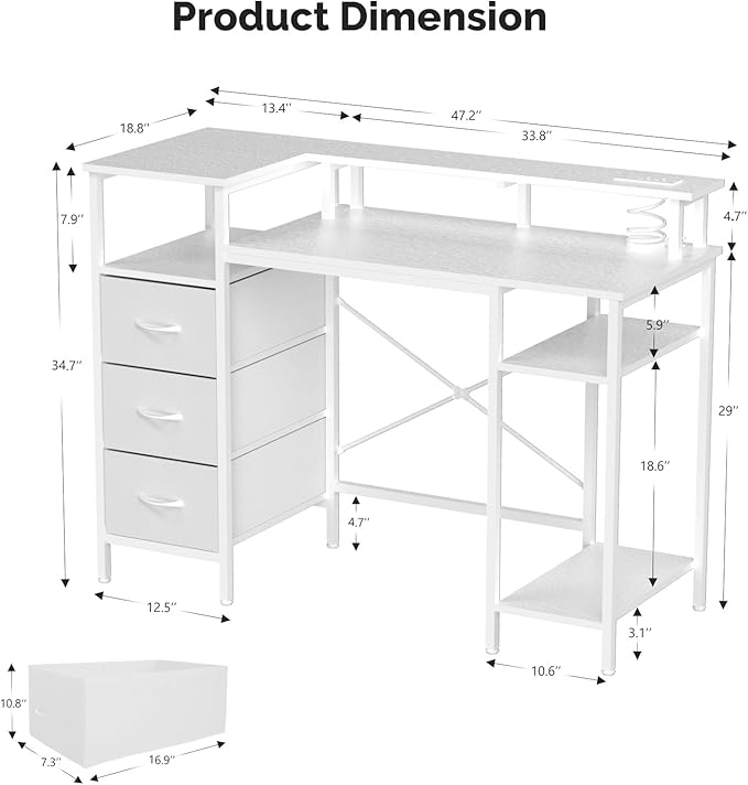 VINGLI 47 Inch L-Shaped Computer Desk Small Computer Gaming Desk with Fabric Drawers &amp Storage Shelves Charging Station Monitor Stand for Home Office White