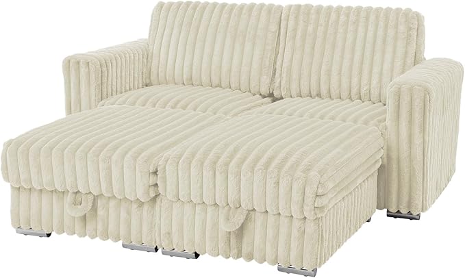 72 U-Shape Corduroy Sofa with 2 Movable Ottomans Upholstered Seational Sofa with Stable Feet Deeper 2 Seats Couch with Thickened Seat Cushions for Living Room Bedroom Office Beige