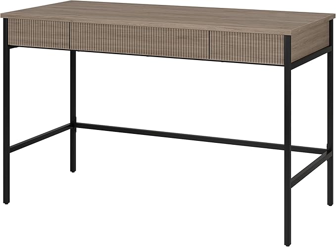 Henn&ampHart 48 Fluted Mid-Century Modern Rectangular Wooden Home Office Desk Computer Desk Writing Table with 3 Ribbed Storage Drawers for Bedroom Living Room or Home Office Weathered Gray