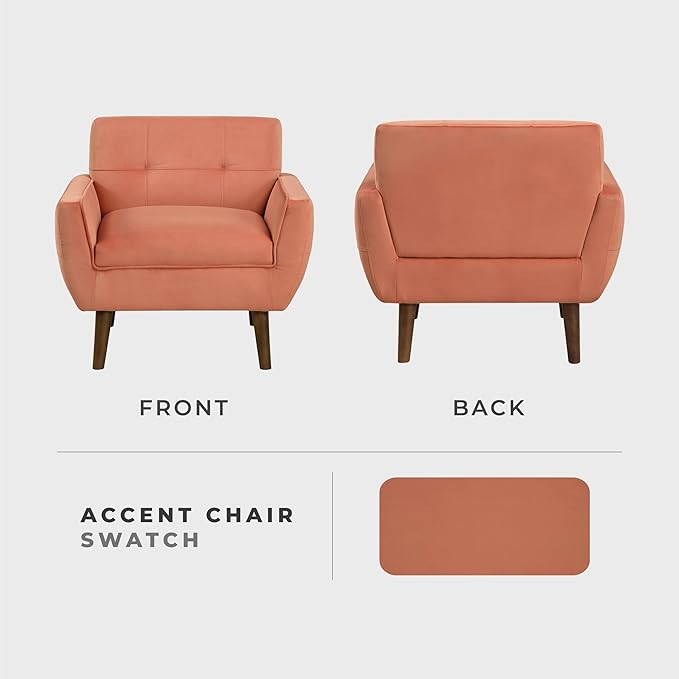 Lexicon Mid Century Modern Accent Chair with Dark Brown Solid Wood Leg Velvet Upholstered Living Room Chair Lounge Arm Chair Tufted Detail Single Sofa Chair Comfortable Reading Chair Orange
