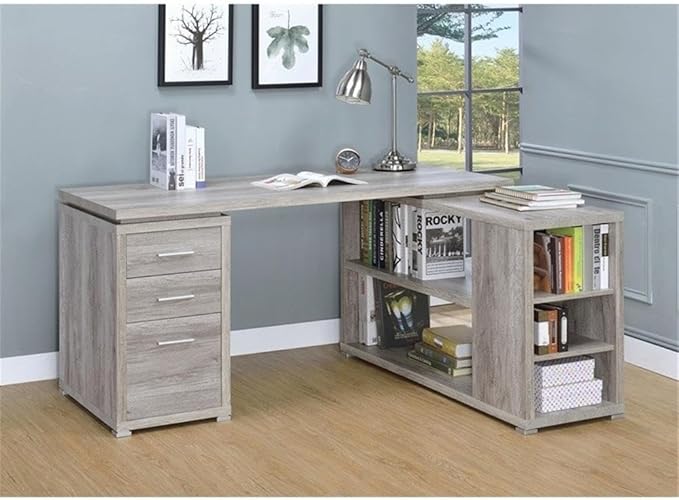 Pemberly Row L-Shaped Corner Storage Desk 60W x 47.25D x 29.5H Grey Driftwood Finish Engineered Wood 5 Shelves 3 Drawers Built-In File Cabinet for Letter/Legal Files Reversible Home Office