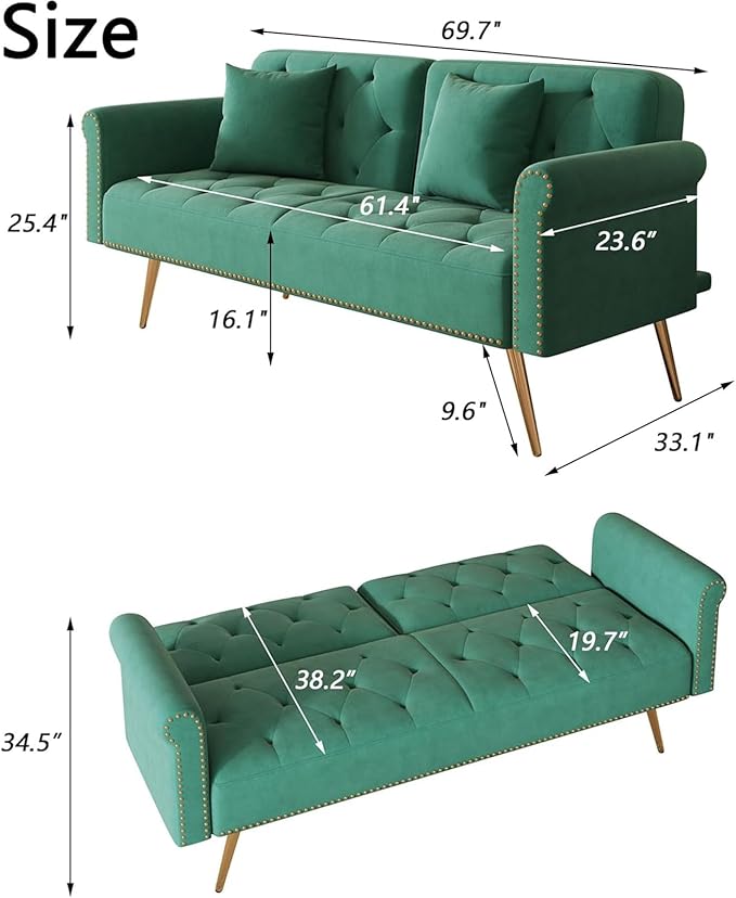 Stylish Velvet Sofa 70 Sofa Sleeper Convertible with Matching Pillows for Living RoomApartmentSmall Spaces (Green)