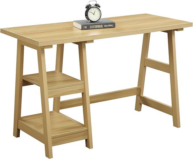 Convenience Concepts Designs2Go Trestle Desk 47 - Modern Desk or Vanity with Shelves for Office Den Dorm Living Room Light Oak