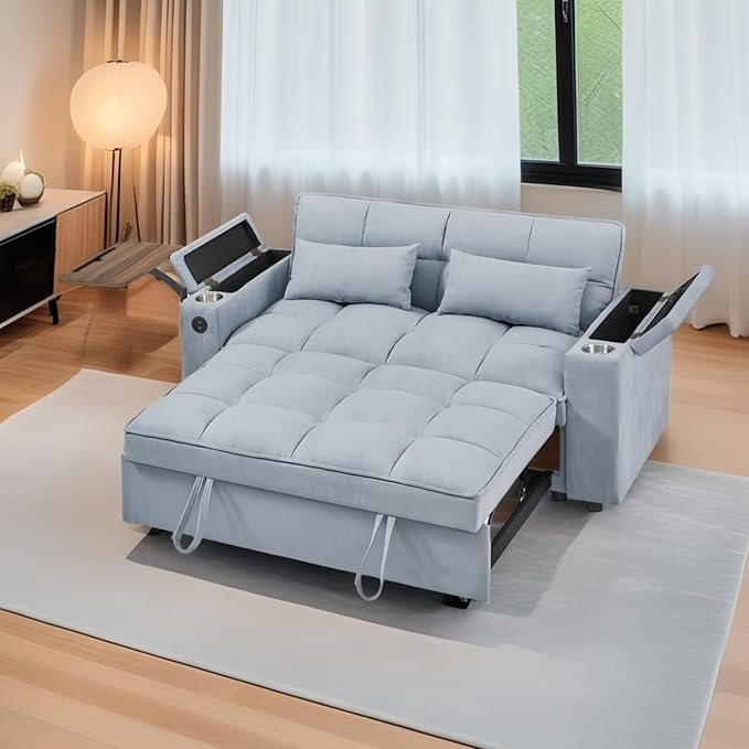 65''Convertible Sleeper Sofa Bed3-in-1 Pull Out Couch Bed with 360 Degree rotatable Side Table and USB Ports for Living RoomRV (07 Light Grey)