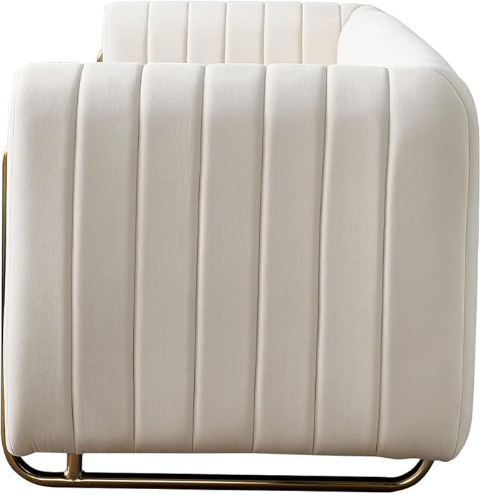 kevinplus 84.2'' Velvet Chesterfield Sofa Couch for Living Room Modern Luxury 3-Seat Upholstered Sofa Couch for Apartment Bedroom Dorm Office Strong Gold Metal Legs (Channel Backrest Beige)