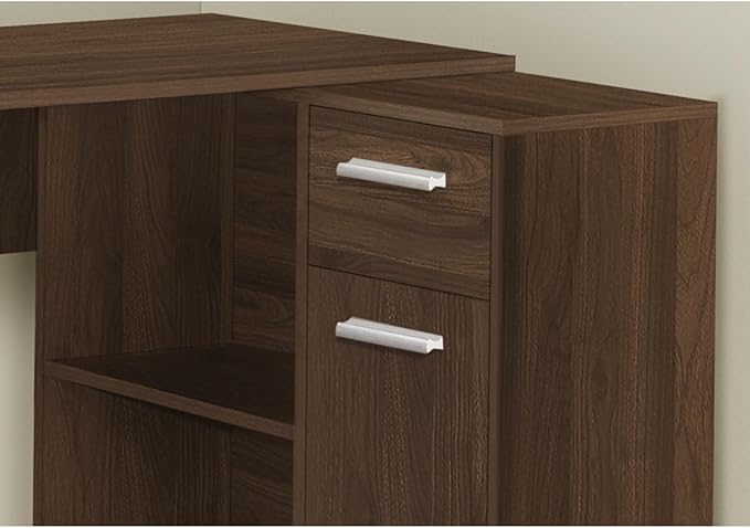 L-Shaped Computer Desk with Storage Drawers and Cabinet 46” Corner Desk for Home Office or Bedroom Walnut Wood-Look Laminate Finish Compact Workstation with Open Shelves