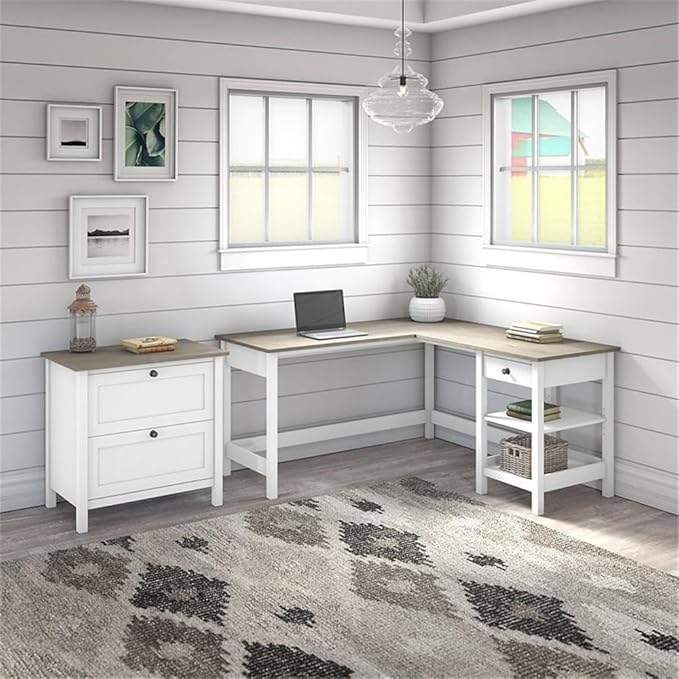 Pemberly Row 60W L Shaped Computer Desk with 2 Drawer Lateral File Cabinet Pure White and Shiplap Gray Finish Modern Farmhouse Style Home Office Furniture Set Durable Workspace with Storage