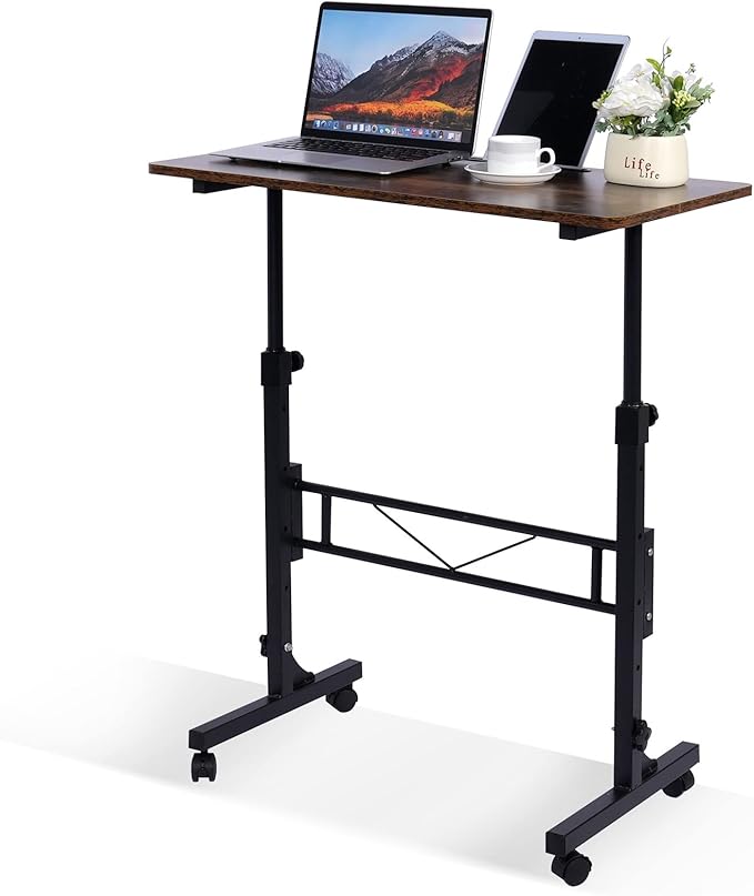 Standing Desk Adjustable Height Mobile Stand Up Desks with Wheels Small Computer Desks Rolling Desk Portable Laptop Desks Rustic Standing Table Sit Stand Home Office Desks 16x31.5 Height 27-43.5