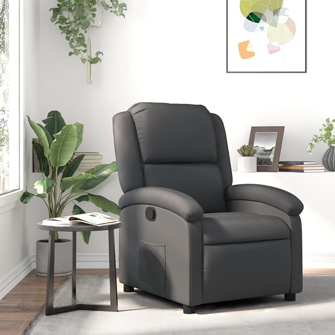 vidaXL Recliner Chair - Gray Real Leather Adjustable Wingback Armchair Manual Recline up to 135° Ergonomic Design with Footrest for Elderly Sturdy Frame and Convenient Side Pocket