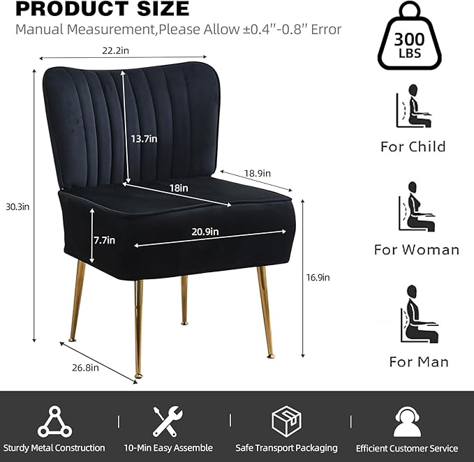 Accent Chair Set of 4 Upholstered Velvet Wingback Side Chairs Modern Armless Living Room Chairs with Golden Legs Vanity Chair for Bedroom Black