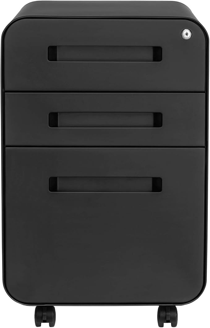 Laura Davidson Furniture Stockpile 3 Drawer File Cabinet with Lock - Under Office Desk Metal Filing Cabinet Legal/Letter File Folders Wheels and Stationary Feet Pre-Assembled Black